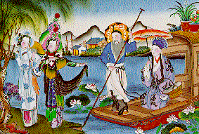 The White Snake and the Green Snake getting a ride from Xu Xian